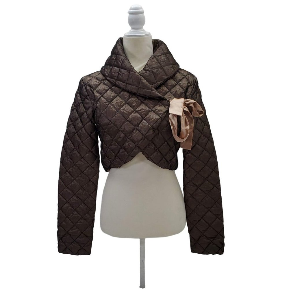 TWINSET Simona Barbieri Crop Brown Puffer Jacket Side Tie Coat NEW Street Wear S